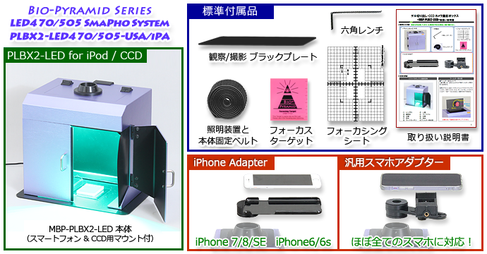 LLED励起光源内蔵 ゲル切出撮影装置　スマホアダプターセット内容