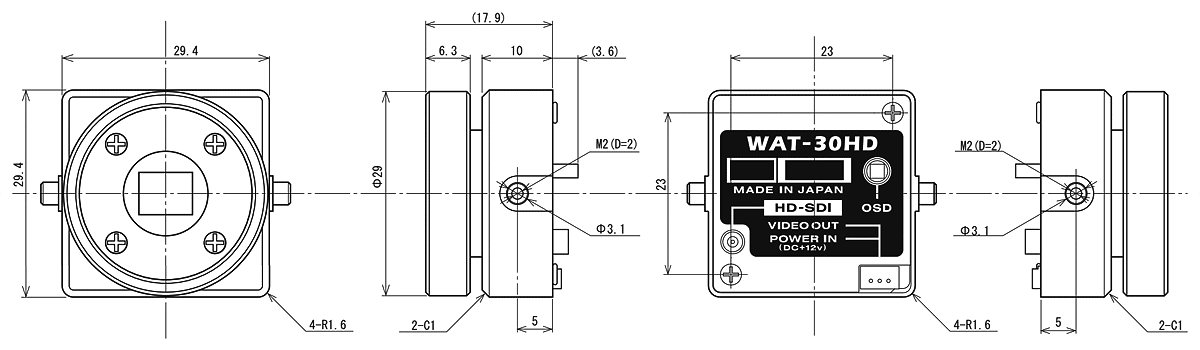WATEC CSマウントカメラ WAT-30HD/CS 寸法図